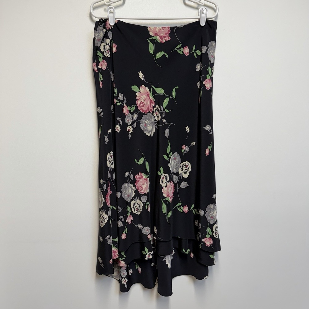 LRL Lauren Ralph Lauren‎ Silk Skirt 12 Whimsigoth Dark Floral Y2K High Low Hem